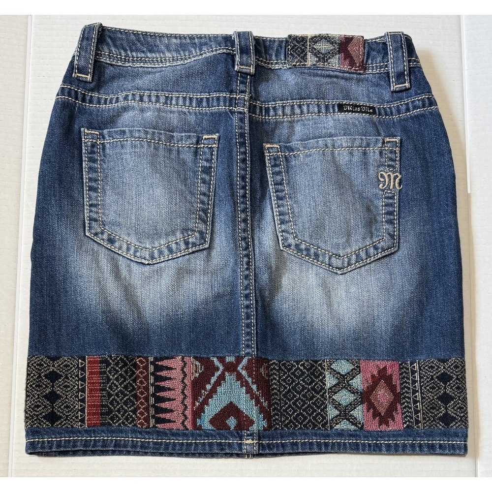 MISS ME - Women's Highโ Rise Hippie Aztec Boho Embroidered Denim Skirt - Size 26